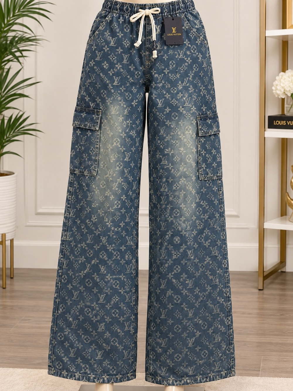 Brand New FASHION Blue Monogram Wide-Leg Cargo Jeans